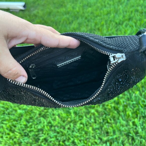 Steve Madden Black Nylon Rhinestone Crystal Baguette Shoulder Bag - Picture 6 of 13